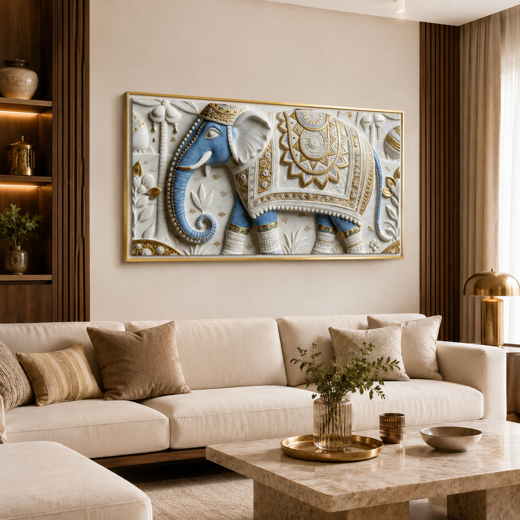 Luxury Golden Accent Elephant 3D Embossed Canvas Decor Frame