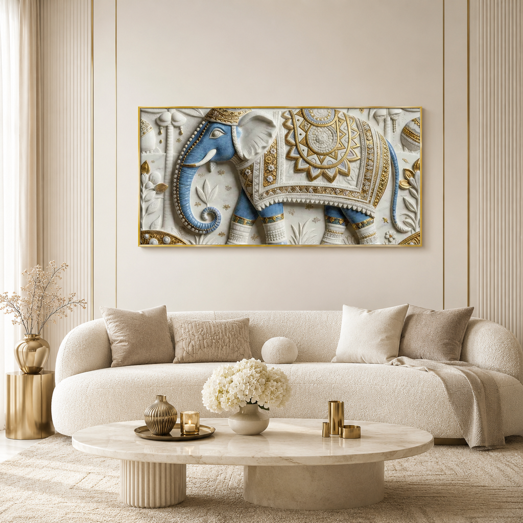 Luxury Golden Accent Elephant 3D Embossed Canvas Decor Frame