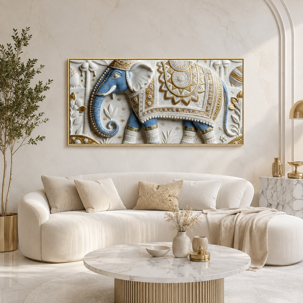 Luxury Golden Accent Elephant 3D Embossed Canvas Decor Frame