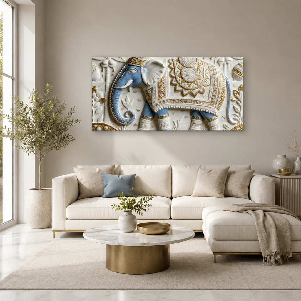 Luxury Golden Accent Elephant 3D Embossed Canvas Decor Frame