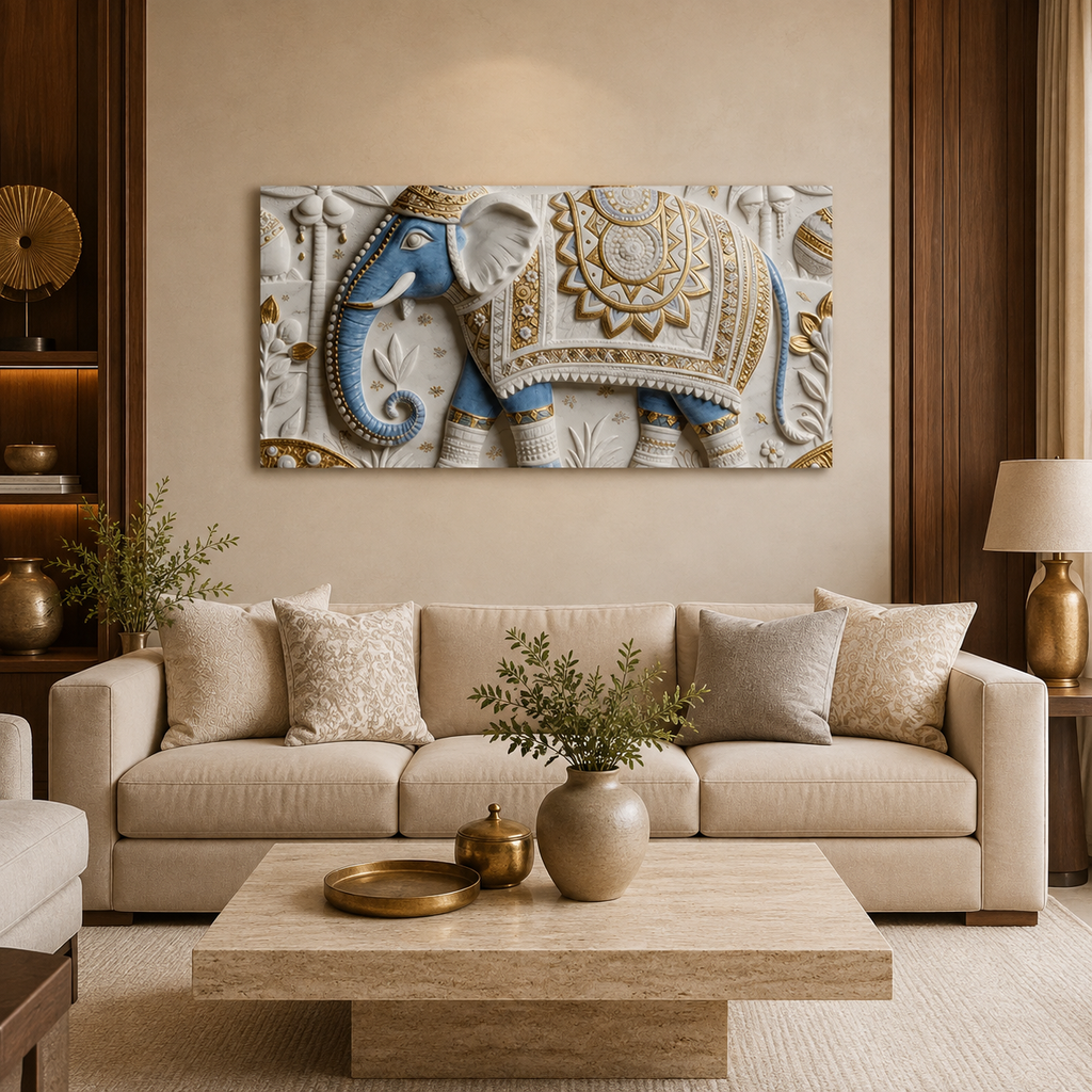 Luxury Golden Accent Elephant 3D Embossed Canvas Decor Frame