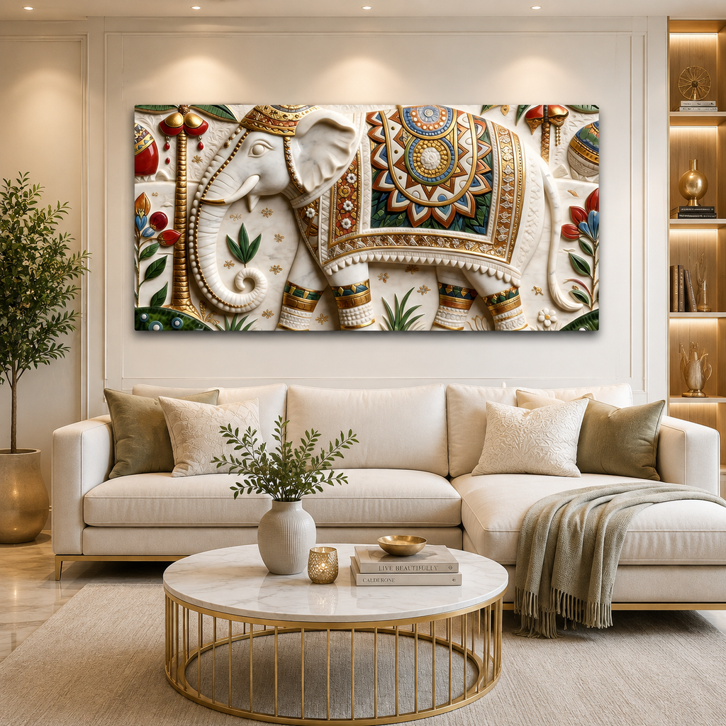 Ornamental Elephant 3D Wall Painting for Premium Living Room Interiors