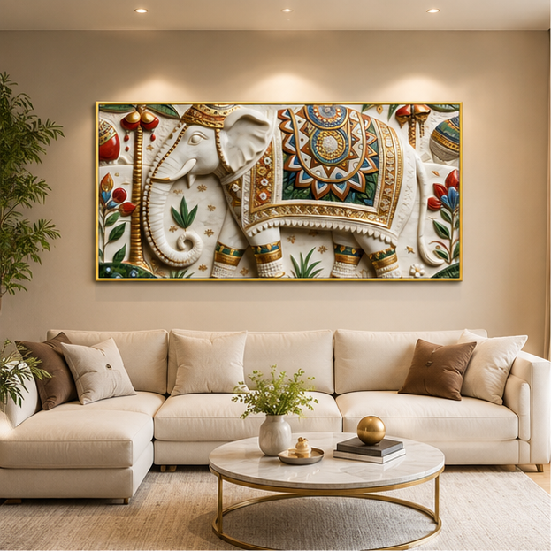 Ornamental Elephant 3D Wall Painting for Premium Living Room Interiors