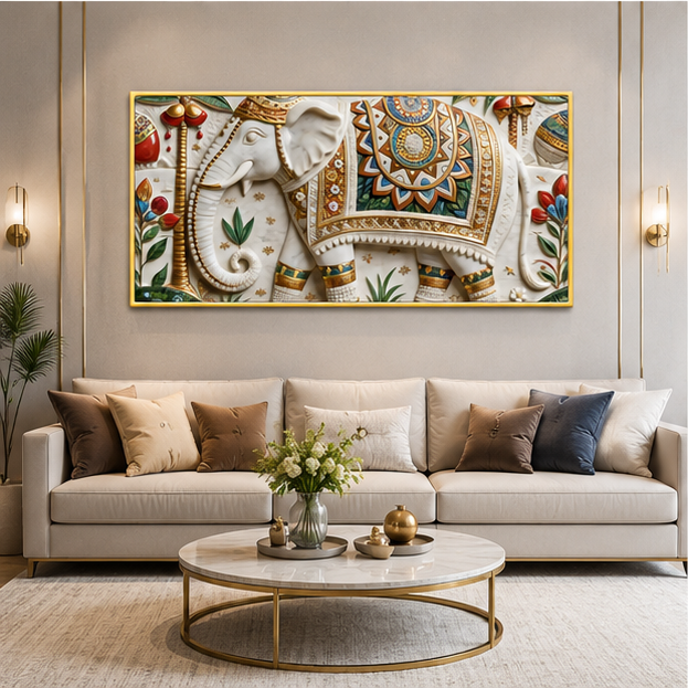 Ornamental Elephant 3D Wall Painting for Premium Living Room Interiors