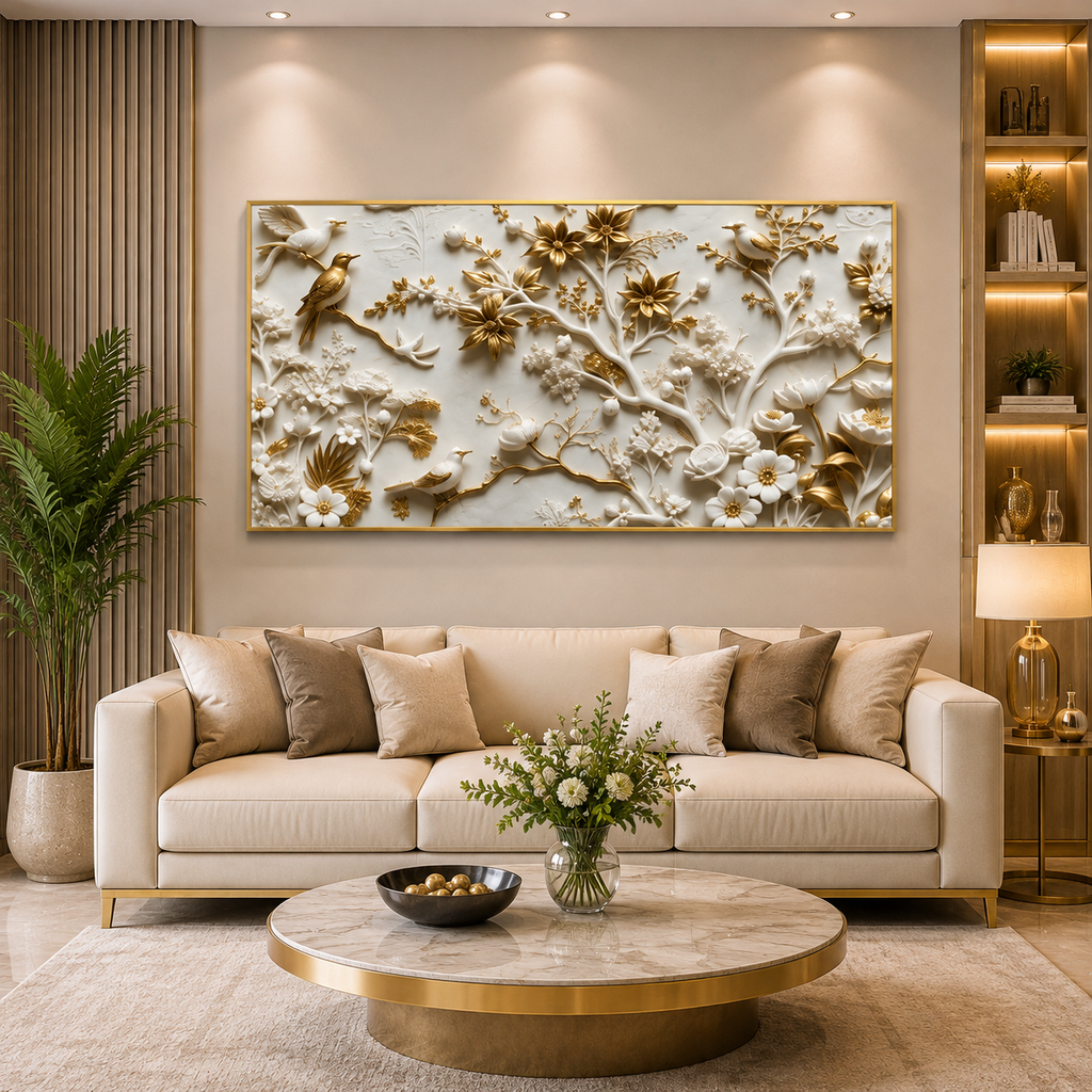 Royal Birds & Blossom Branch 3D Embossed Wall Art Canvas Painting For Home