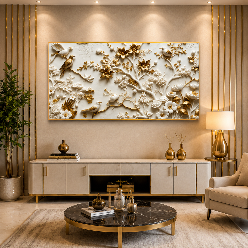 Royal Birds & Blossom Branch 3D Embossed Wall Art Canvas Painting For Home