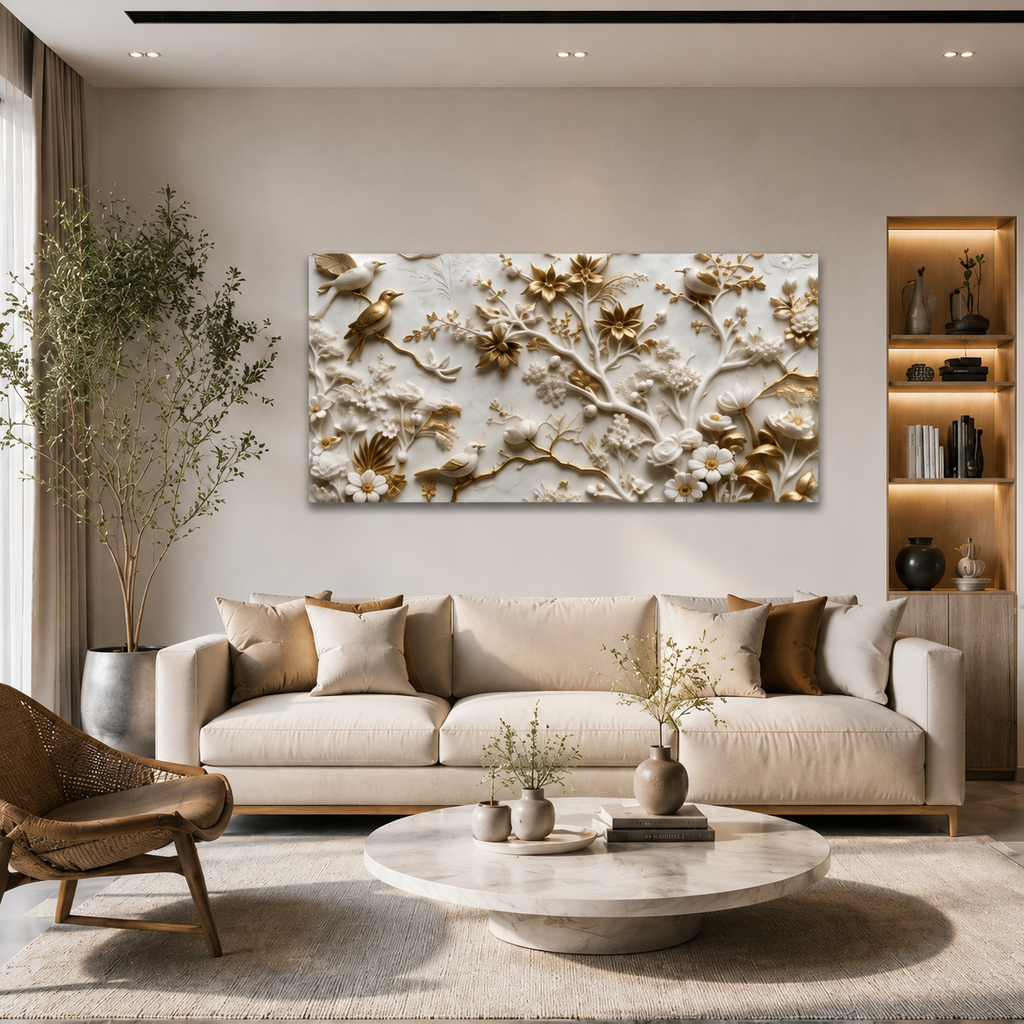 Royal Birds & Blossom Branch 3D Embossed Wall Art Canvas Painting For Home
