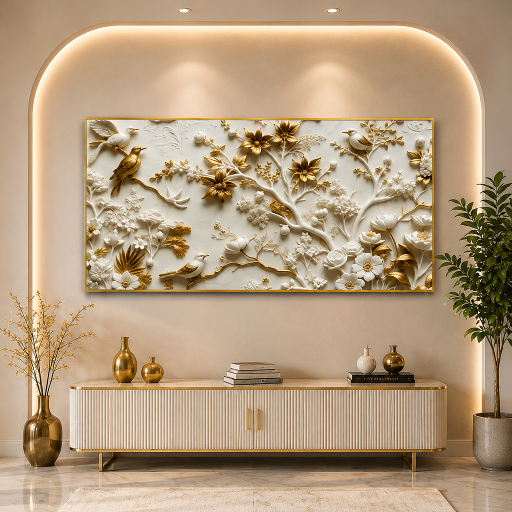 Royal Birds & Blossom Branch 3D Embossed Wall Art Canvas Painting For Home