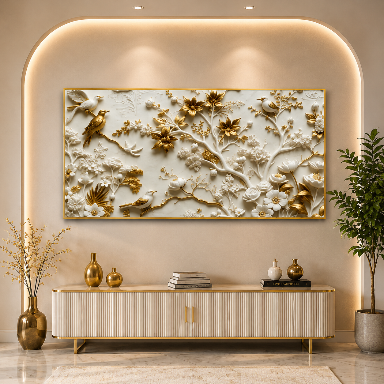 Royal Birds & Blossom Branch 3D Embossed Wall Art Canvas Painting For Home