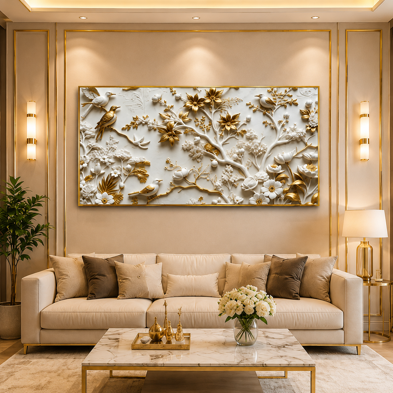 Royal Birds & Blossom Branch 3D Embossed Wall Art Canvas Painting For Home
