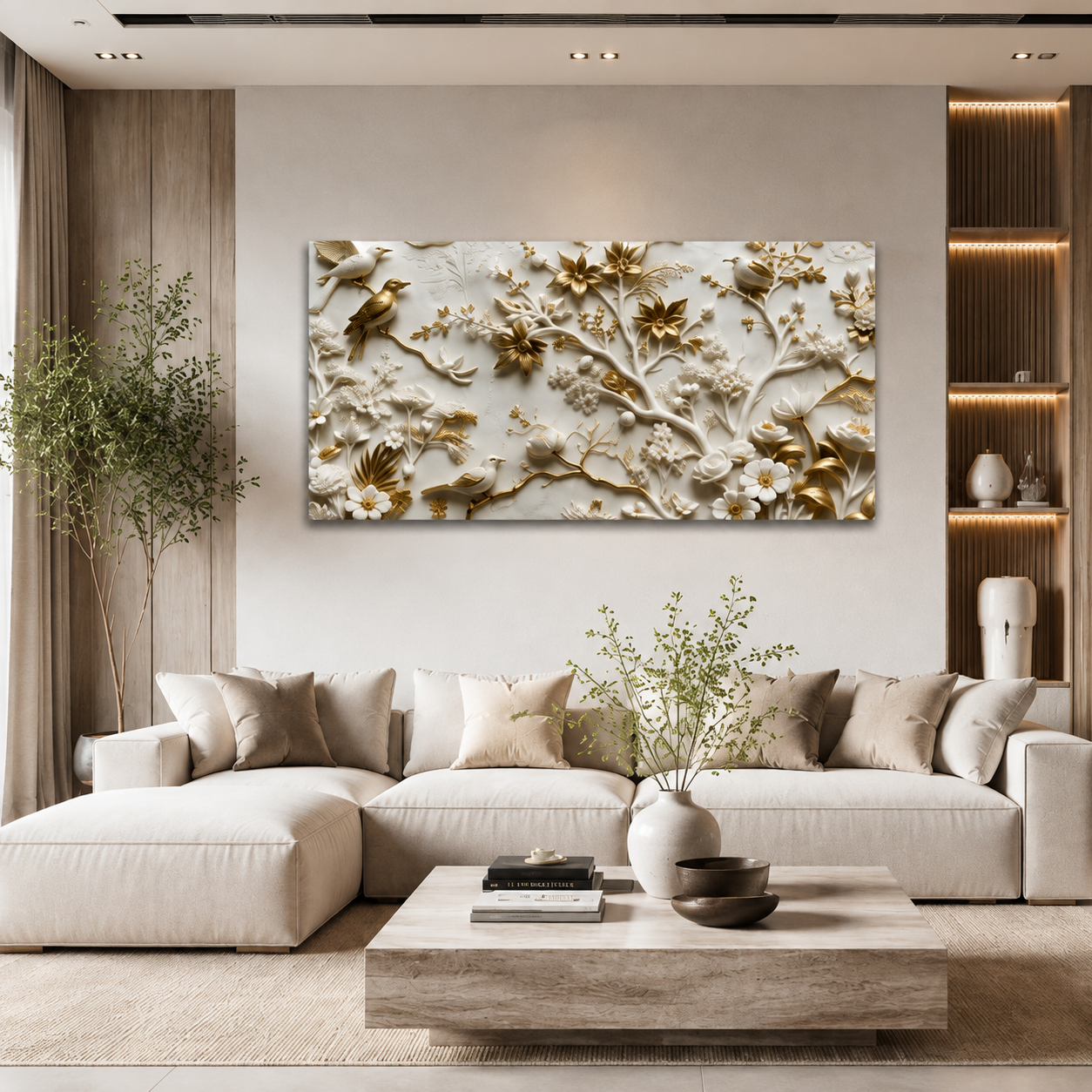 Royal Birds & Blossom Branch 3D Embossed Wall Art Canvas Painting For Home