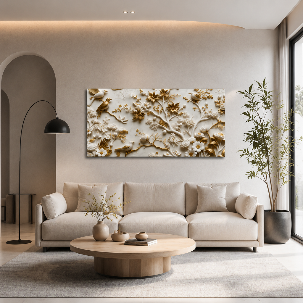 Royal Birds & Blossom Branch 3D Embossed Wall Art Canvas Painting For Home