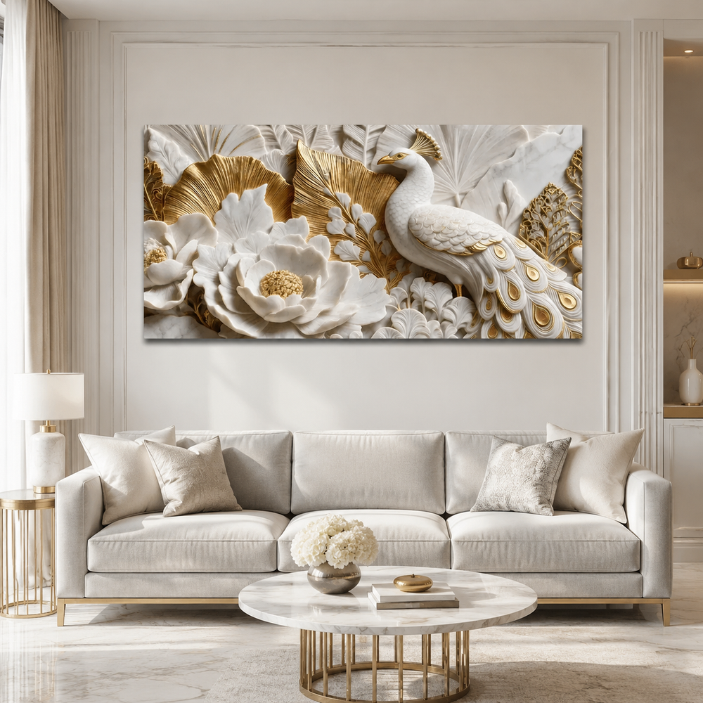 Modern 3D Faux Marble Peacock & Lotus Art - Premium Framed Metallic Gold Accent Wall Decor