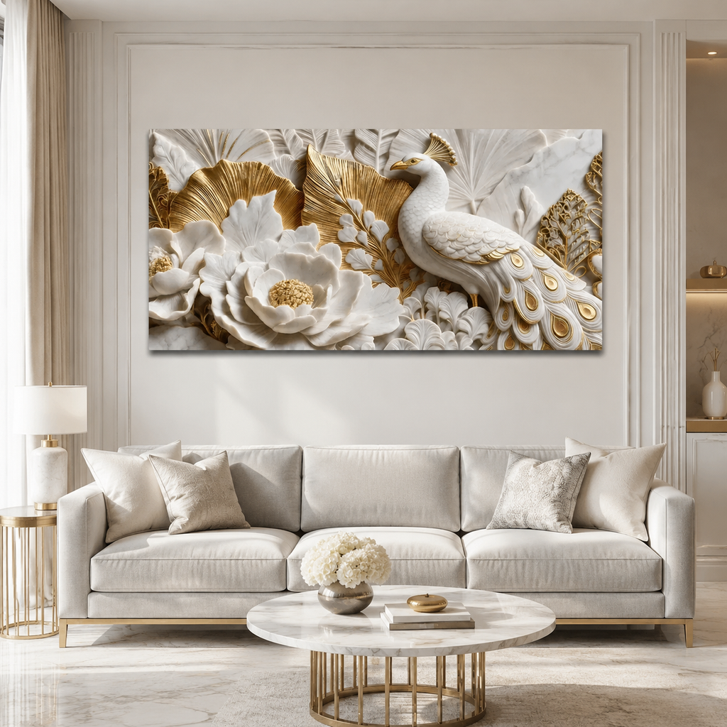 Modern 3D Faux Marble Peacock & Lotus Art - Premium Framed Metallic Gold Accent Wall Decor