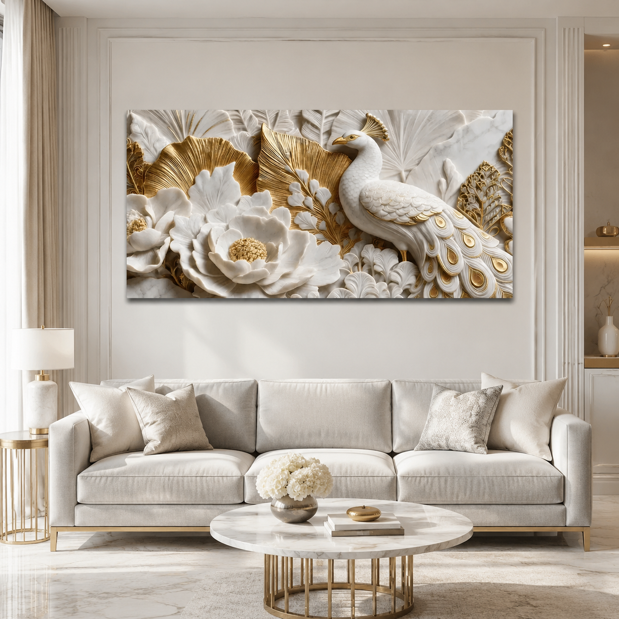 Modern 3D Faux Marble Peacock & Lotus Art - Premium Framed Metallic Gold Accent Wall Decor