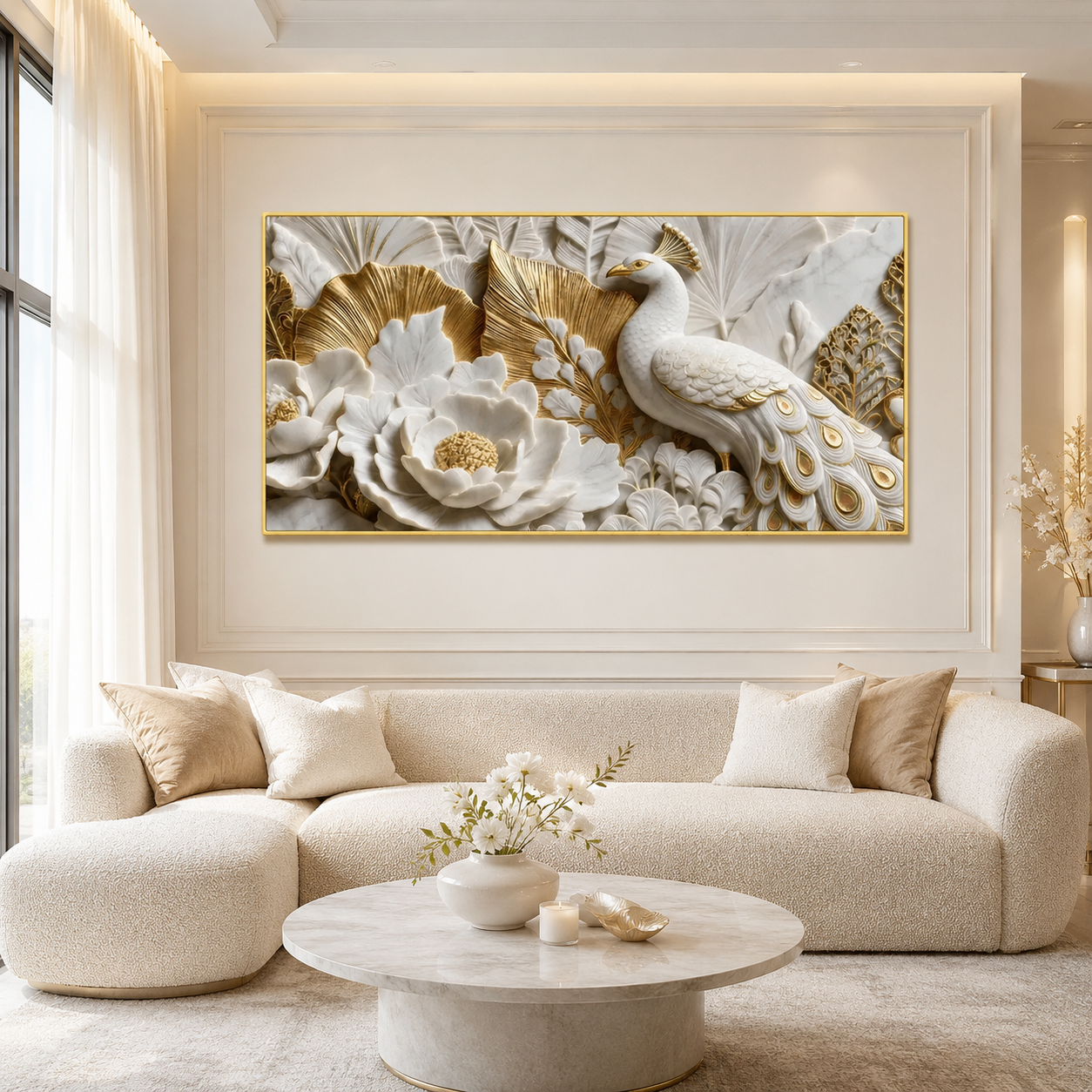 Modern 3D Faux Marble Peacock & Lotus Art - Premium Framed Metallic Gold Accent Wall Decor
