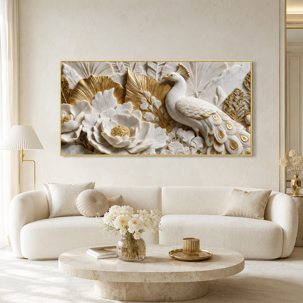 Modern 3D Faux Marble Peacock & Lotus Art - Premium Framed Metallic Gold Accent Wall Decor