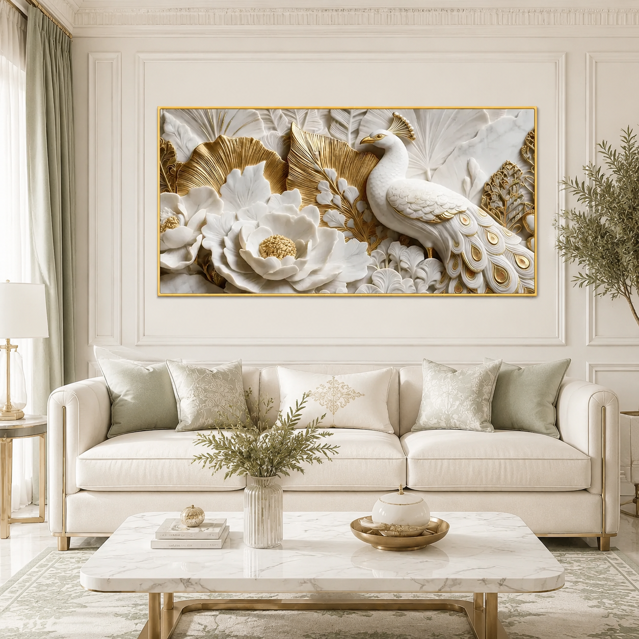 Modern 3D Faux Marble Peacock & Lotus Art - Premium Framed Metallic Gold Accent Wall Decor