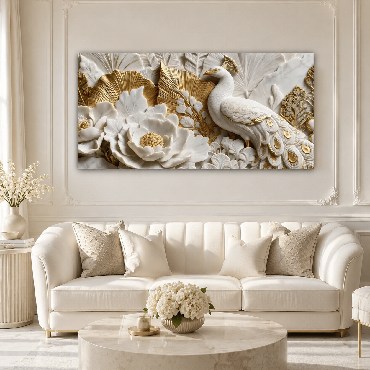 Modern 3D Faux Marble Peacock & Lotus Art - Premium Framed Metallic Gold Accent Wall Decor