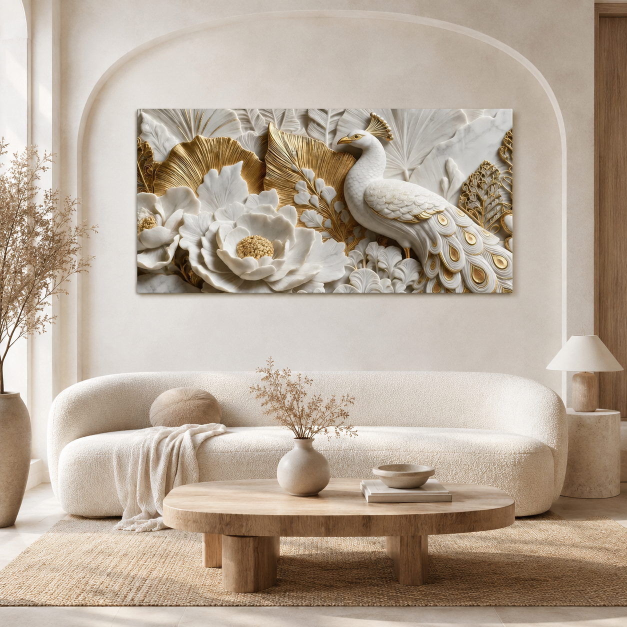 Modern 3D Faux Marble Peacock & Lotus Art - Premium Framed Metallic Gold Accent Wall Decor