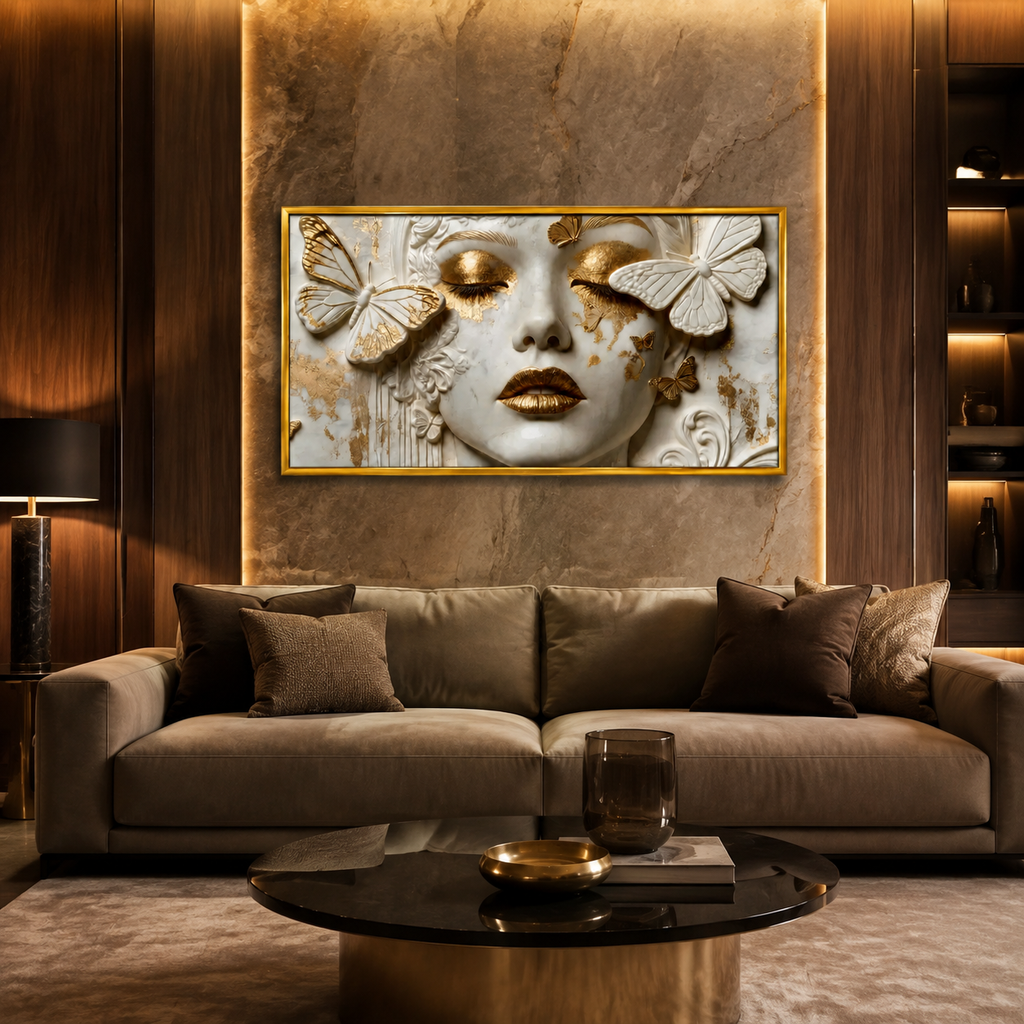 Premium White & Gold Woman Face 3D Canvas Print Living Room