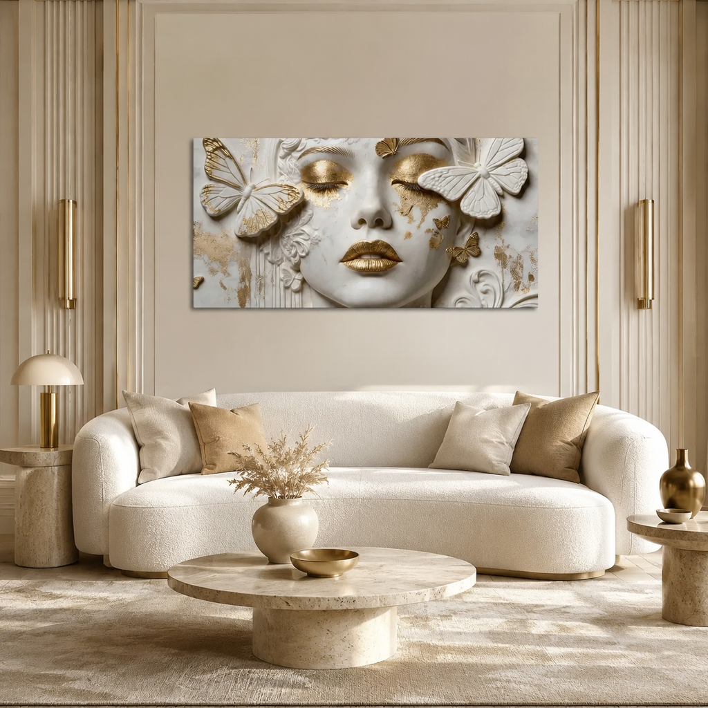 Premium White & Gold Woman Face 3D Canvas Print Living Room