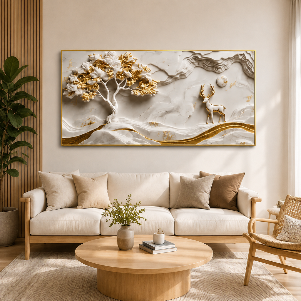 Minimalist Luxury 3D Marble Texture Wall Art Golden Tree and Majestic Deer Canvas Painting