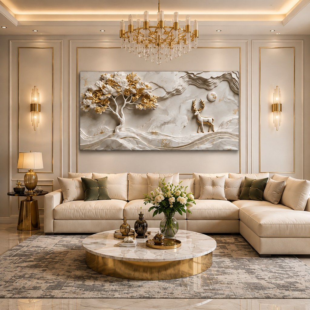 Minimalist Luxury 3D Marble Texture Wall Art Golden Tree and Majestic Deer Canvas Painting