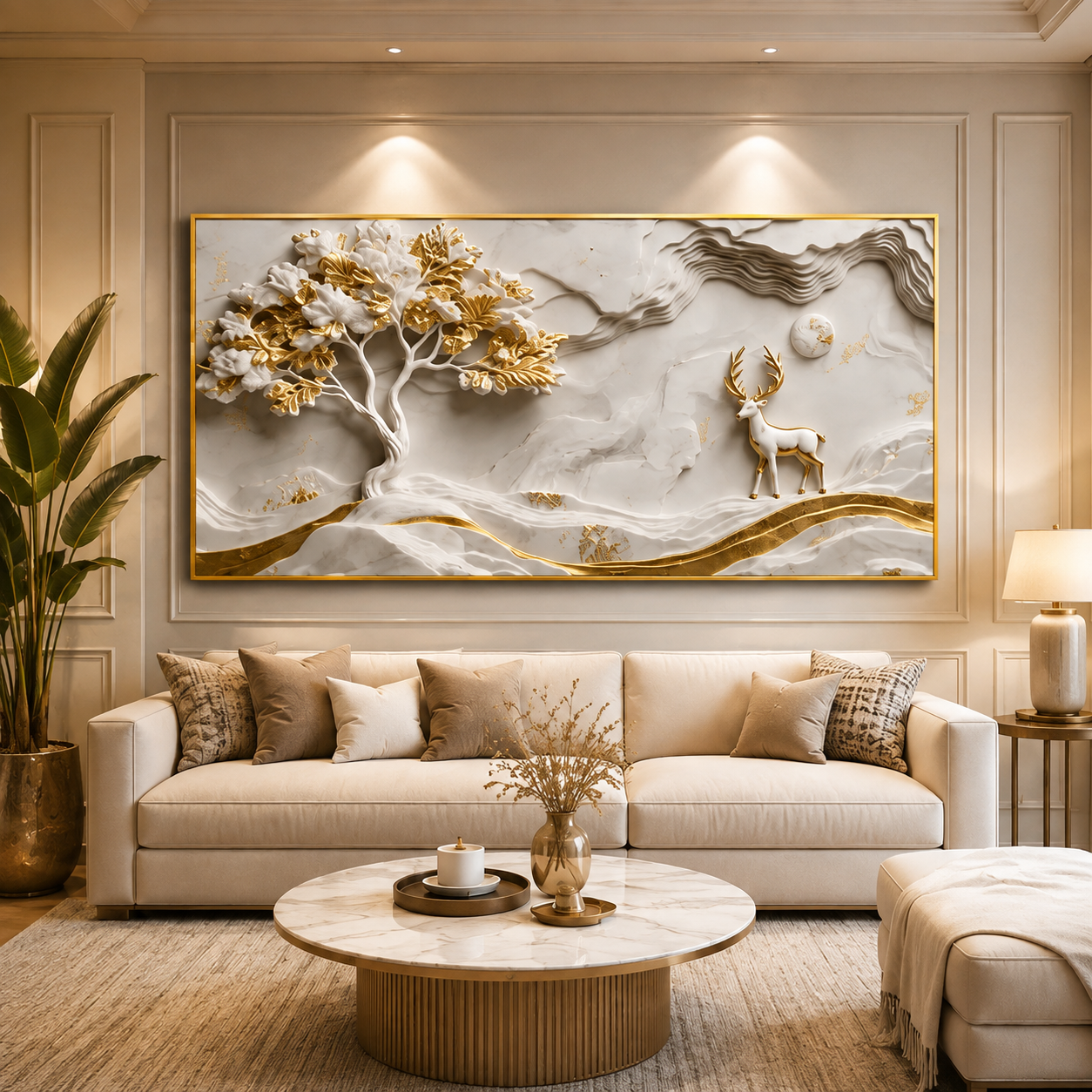 Minimalist Luxury 3D Marble Texture Wall Art Golden Tree and Majestic Deer Canvas Painting