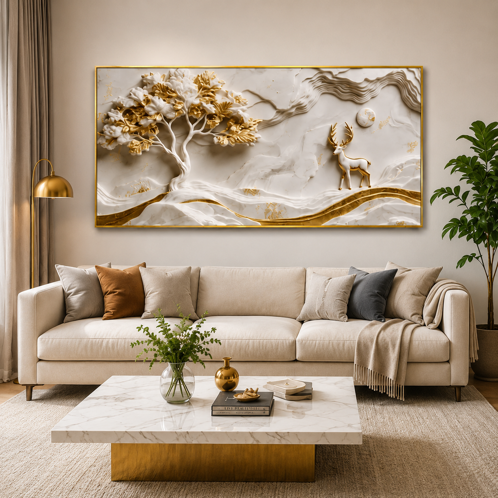 Minimalist Luxury 3D Marble Texture Wall Art Golden Tree and Majestic Deer Canvas Painting