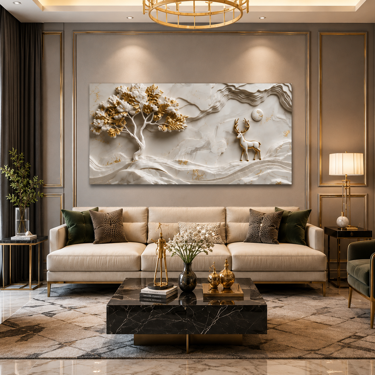 Minimalist Luxury 3D Marble Texture Wall Art Golden Tree and Majestic Deer Canvas Painting