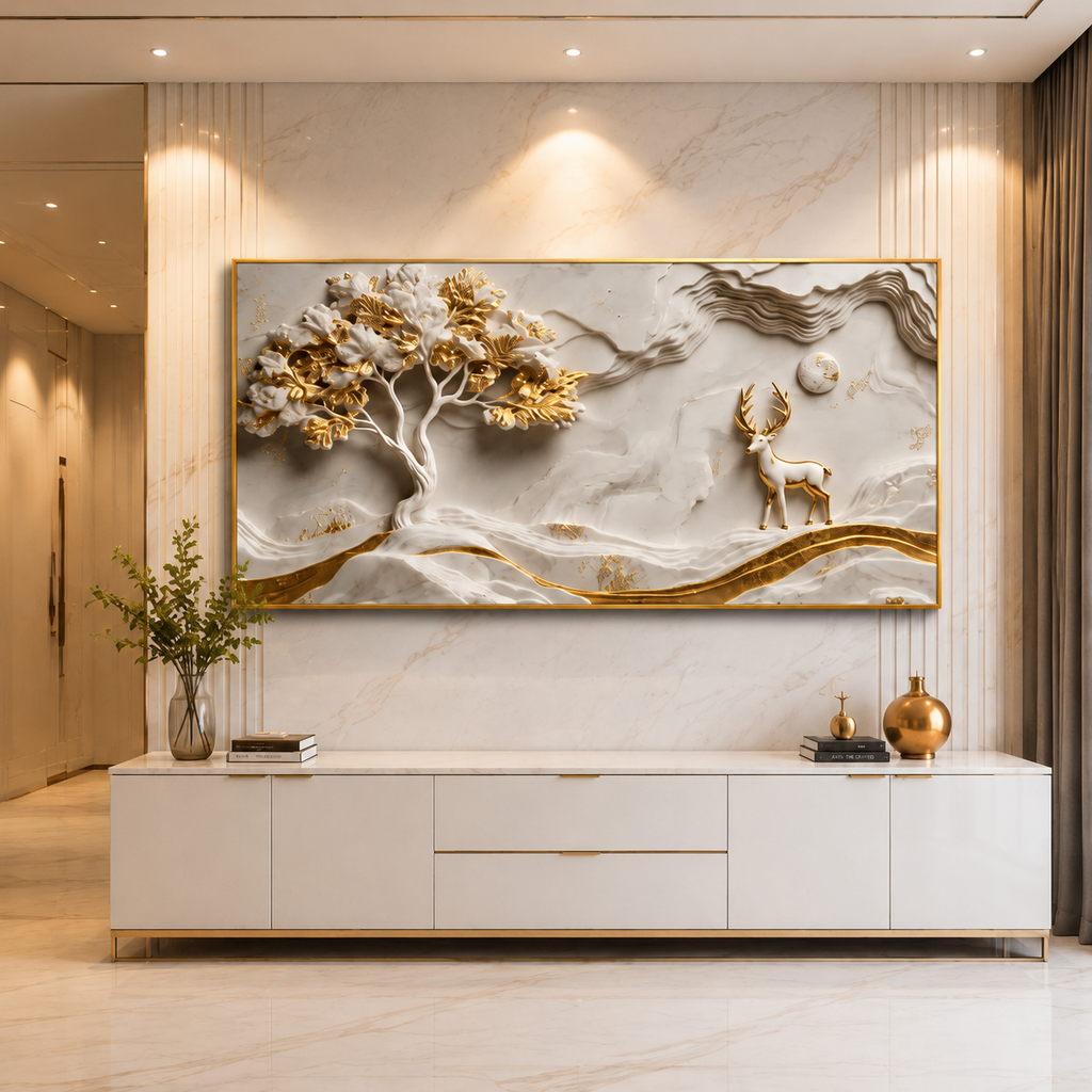 Minimalist Luxury 3D Marble Texture Wall Art Golden Tree and Majestic Deer Canvas Painting