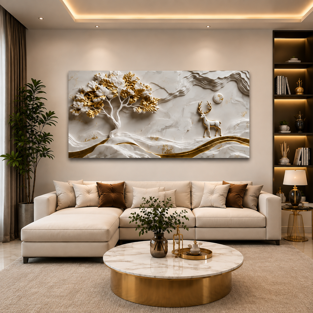 Minimalist Luxury 3D Marble Texture Wall Art Golden Tree and Majestic Deer Canvas Painting
