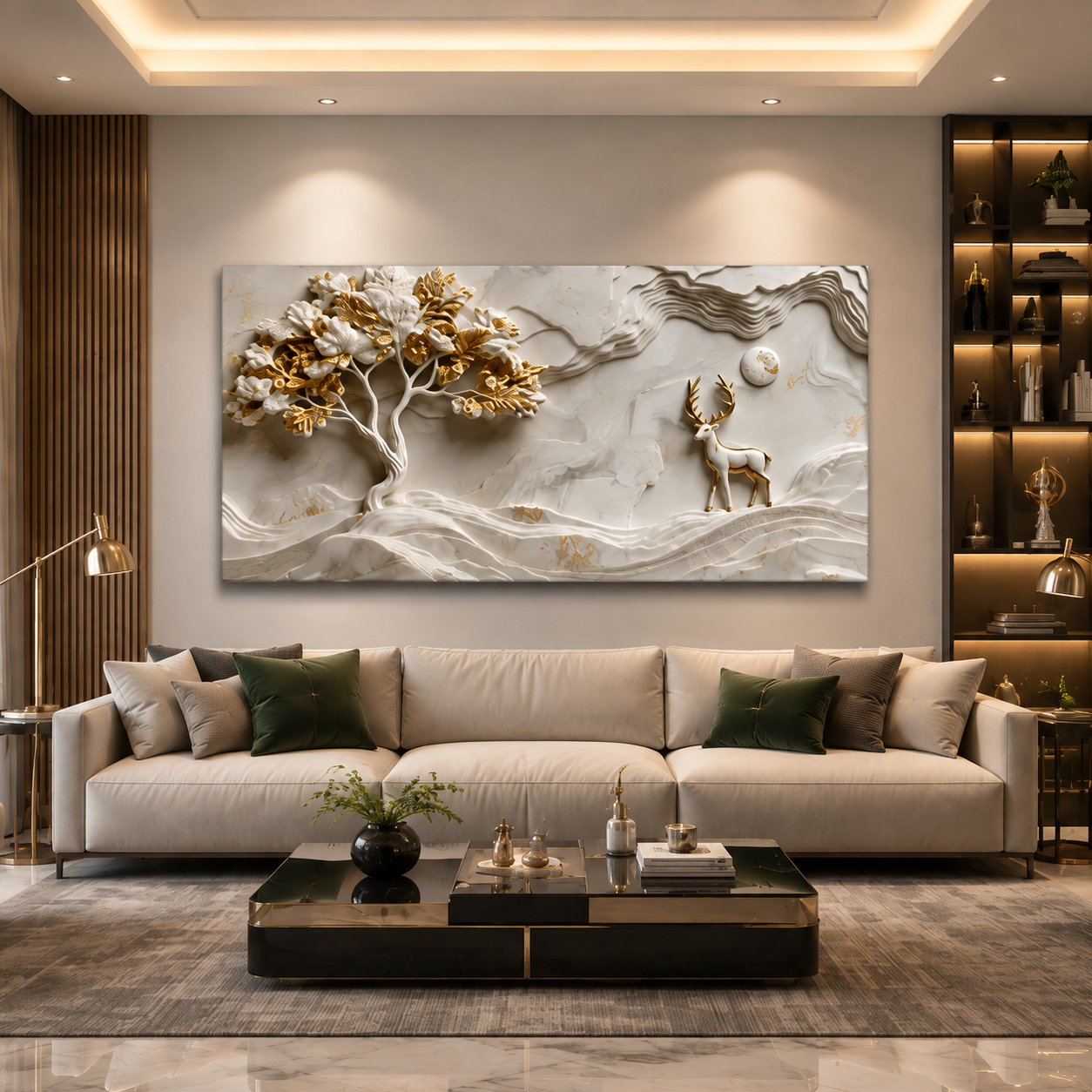 Minimalist Luxury 3D Marble Texture Wall Art Golden Tree and Majestic Deer Canvas Painting