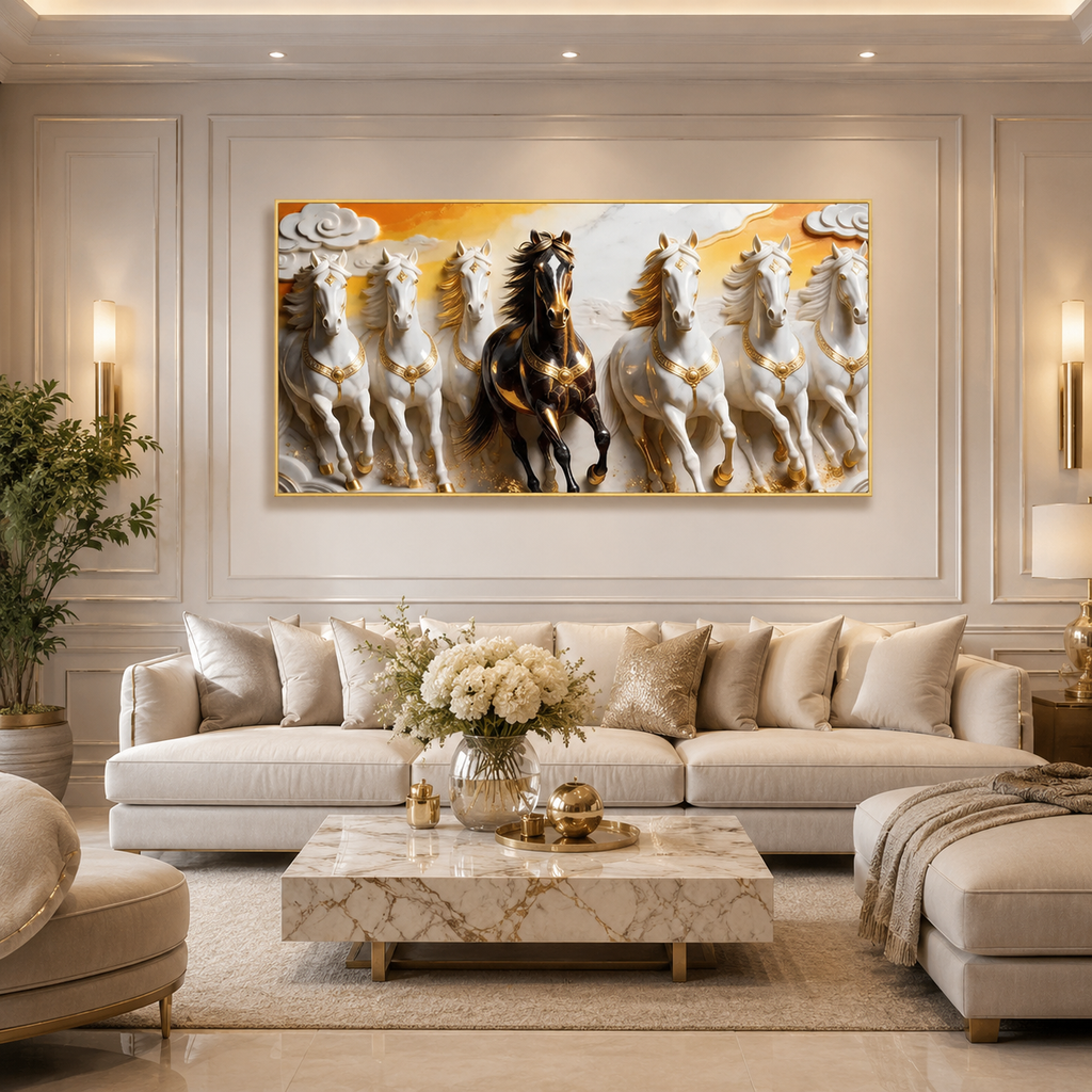 Luxury 3D Seven Horses Wall Painting with Black and White Horses, Golden Accents for Home Decor