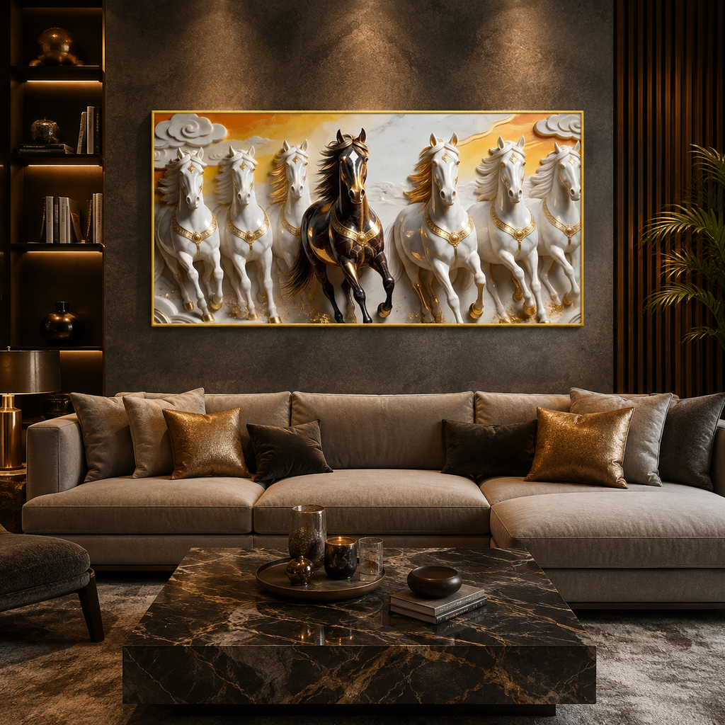 Luxury 3D Seven Horses Wall Painting with Black and White Horses, Golden Accents for Home Decor