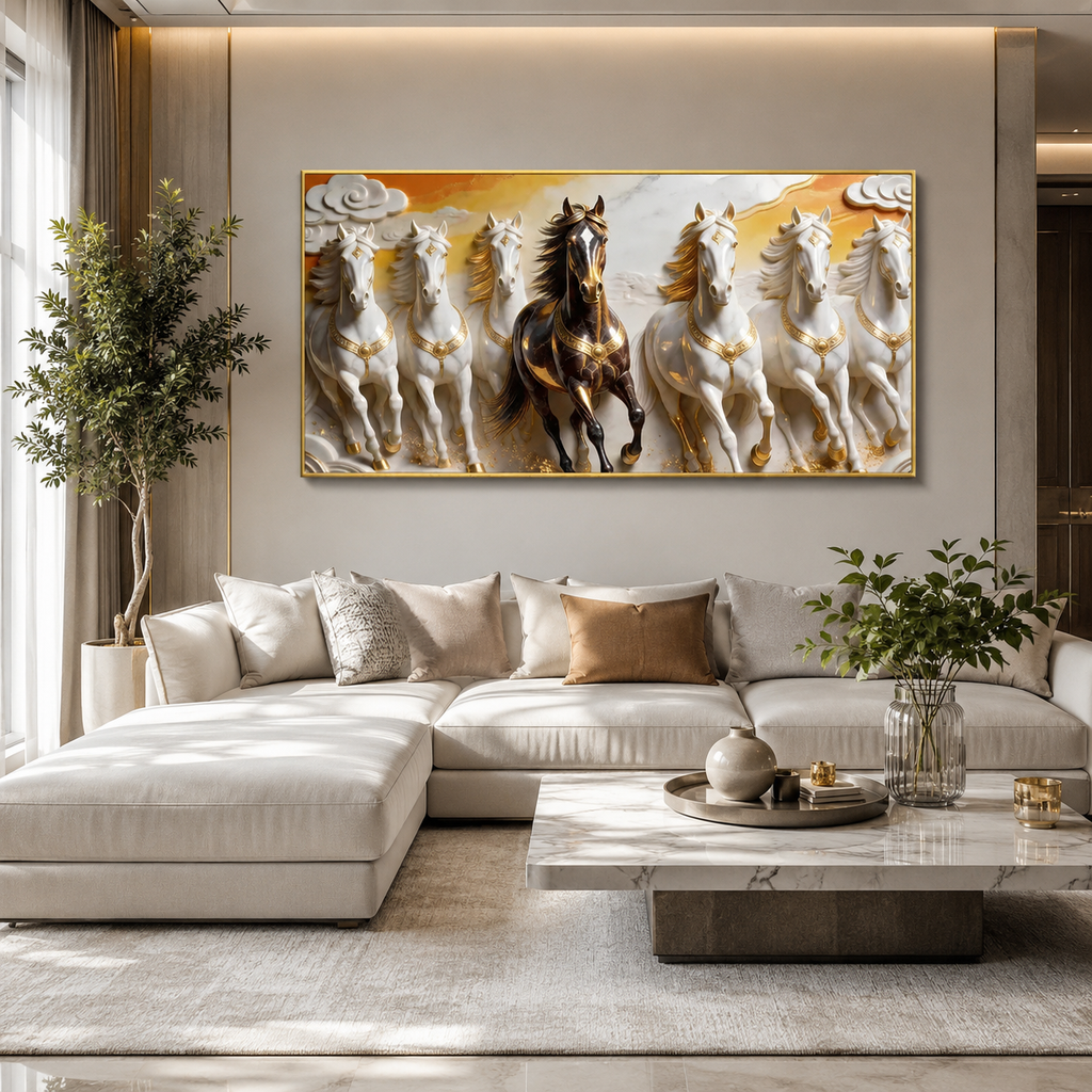 Luxury 3D Seven Horses Wall Painting with Black and White Horses, Golden Accents for Home Decor