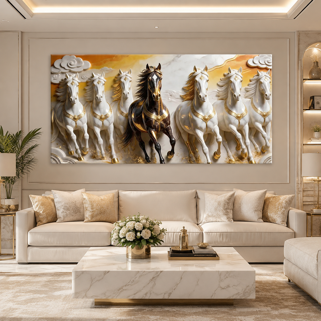 Luxury 3D Seven Horses Wall Painting with Black and White Horses, Golden Accents for Home Decor