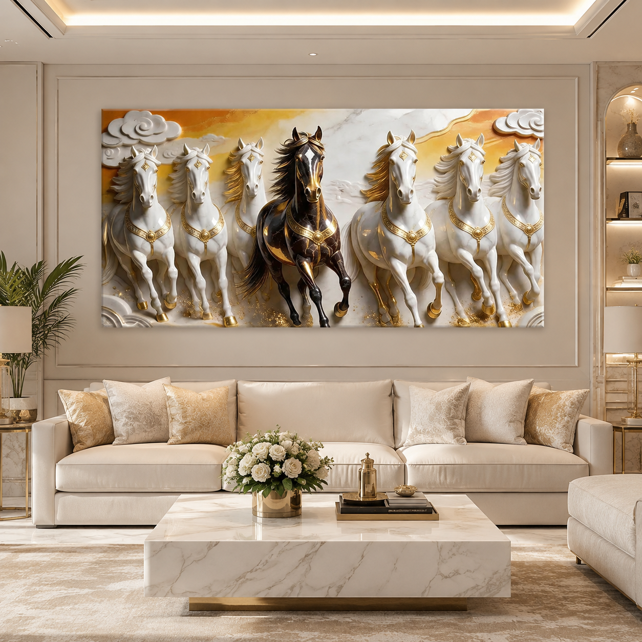 Luxury 3D Seven Horses Wall Painting with Black and White Horses, Golden Accents for Home Decor