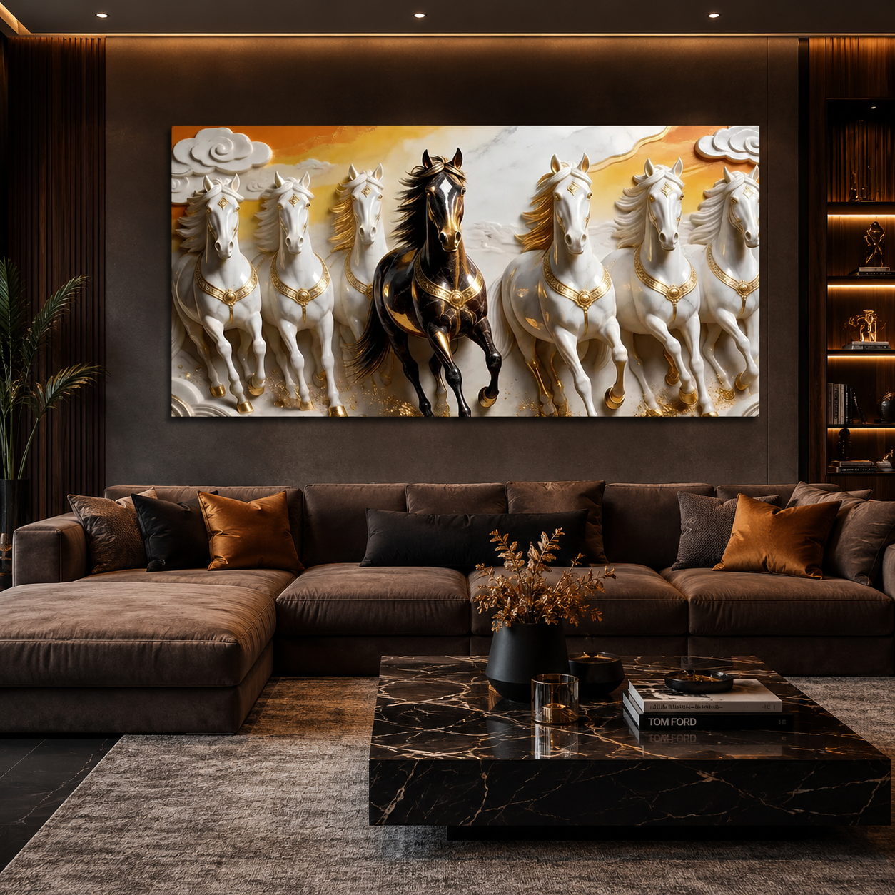 Luxury 3D Seven Horses Wall Painting with Black and White Horses, Golden Accents for Home Decor
