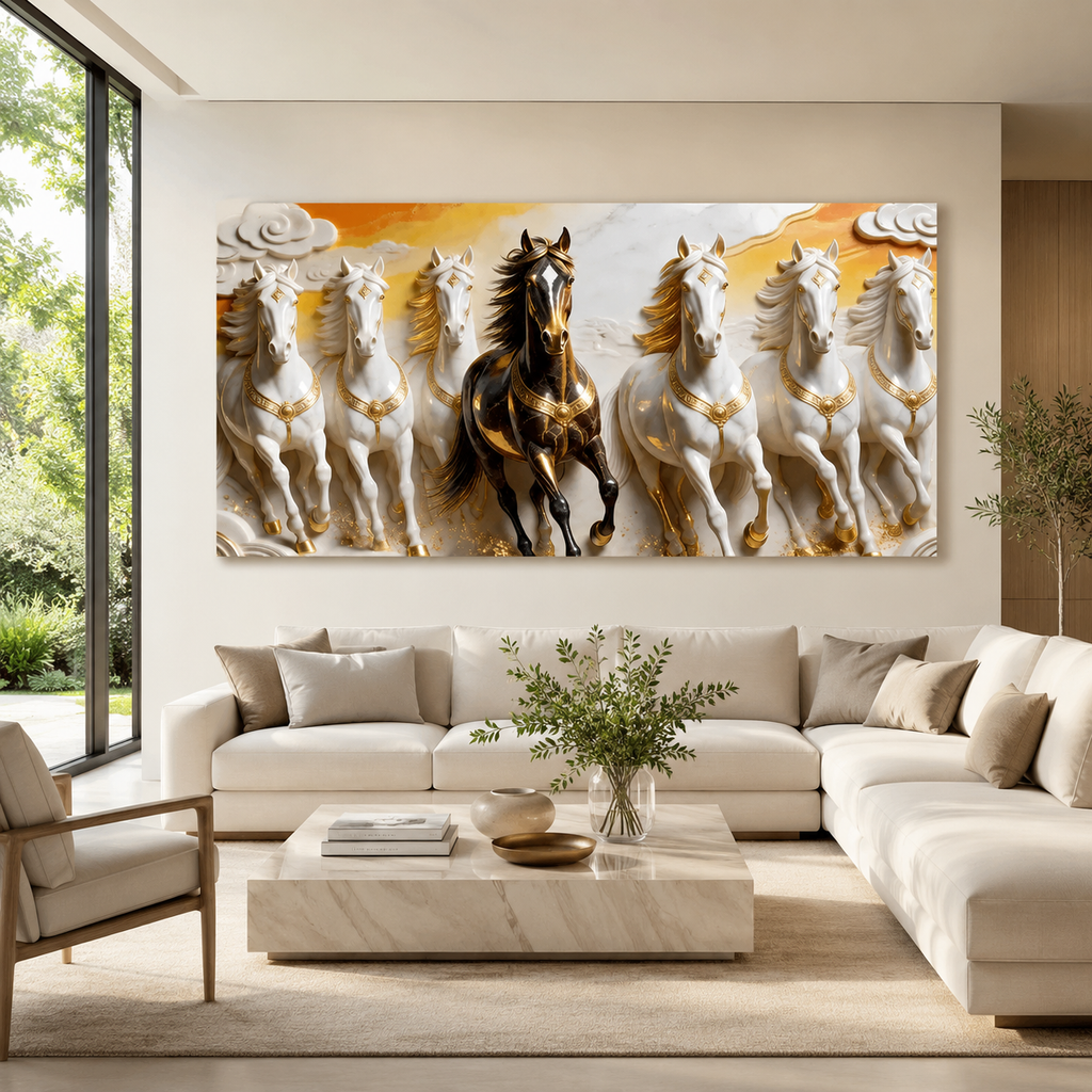 Luxury 3D Seven Horses Wall Painting with Black and White Horses, Golden Accents for Home Decor