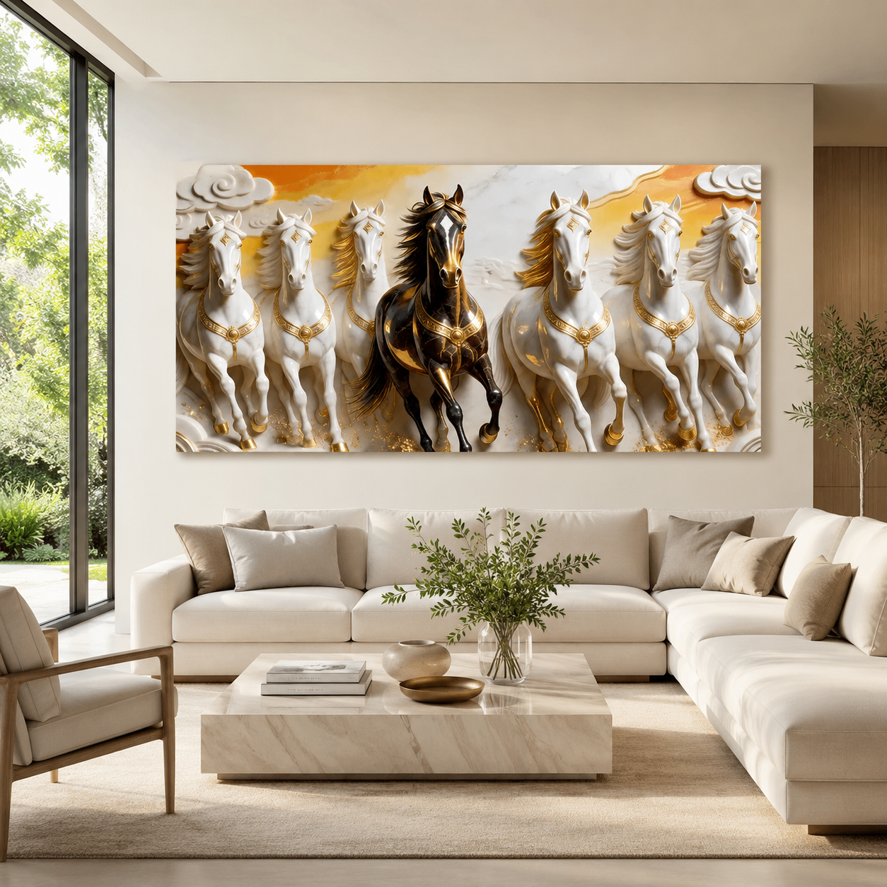 Luxury 3D Seven Horses Wall Painting with Black and White Horses, Golden Accents for Home Decor