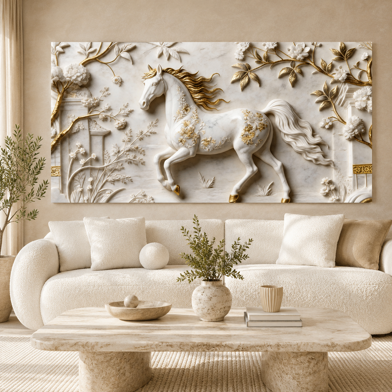 Elegant 3D Horse Wall Art with Golden Flowers for Living Room Decoration