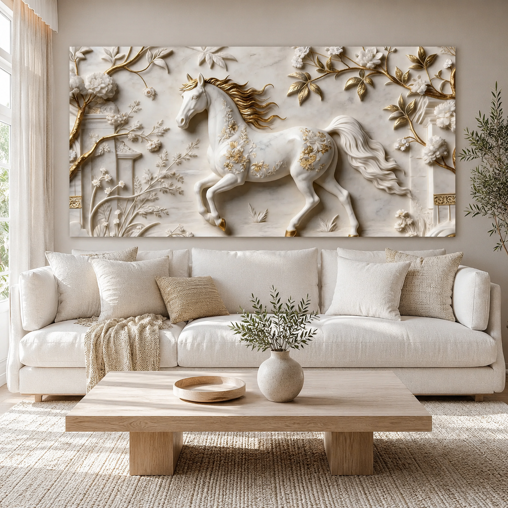 Elegant 3D Horse Wall Art with Golden Flowers for Living Room Decoration