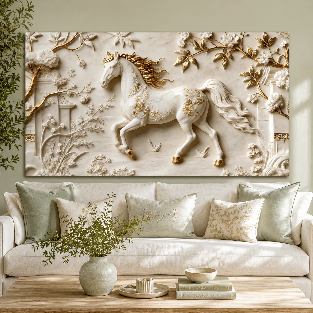 Elegant 3D Horse Wall Art with Golden Flowers for Living Room Decoration