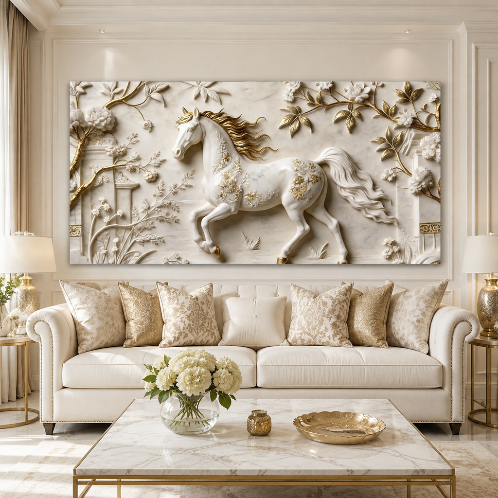 Elegant 3D Horse Wall Art with Golden Flowers for Living Room Decoration