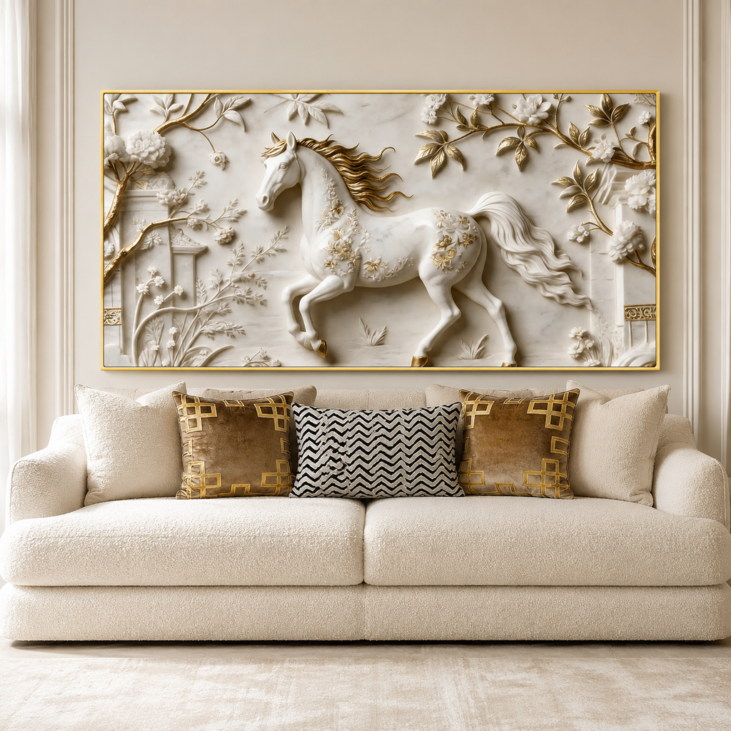 Elegant 3D Horse Wall Art with Golden Flowers for Living Room Decoration