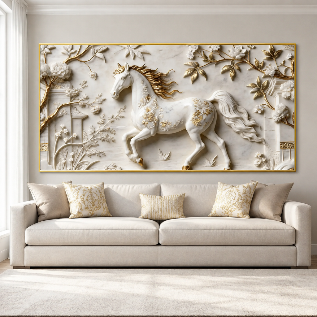 Elegant 3D Horse Wall Art with Golden Flowers for Living Room Decoration