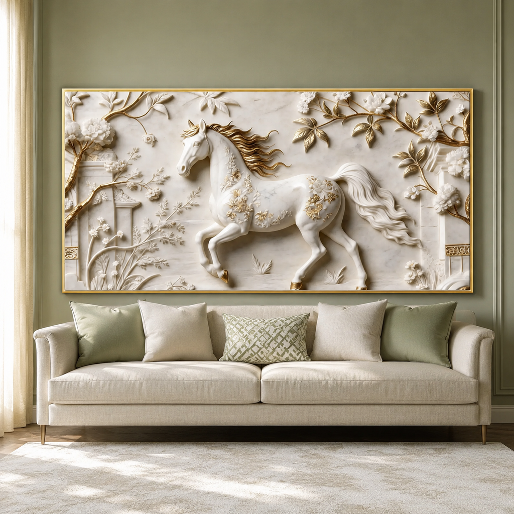 Elegant 3D Horse Wall Art with Golden Flowers for Living Room Decoration
