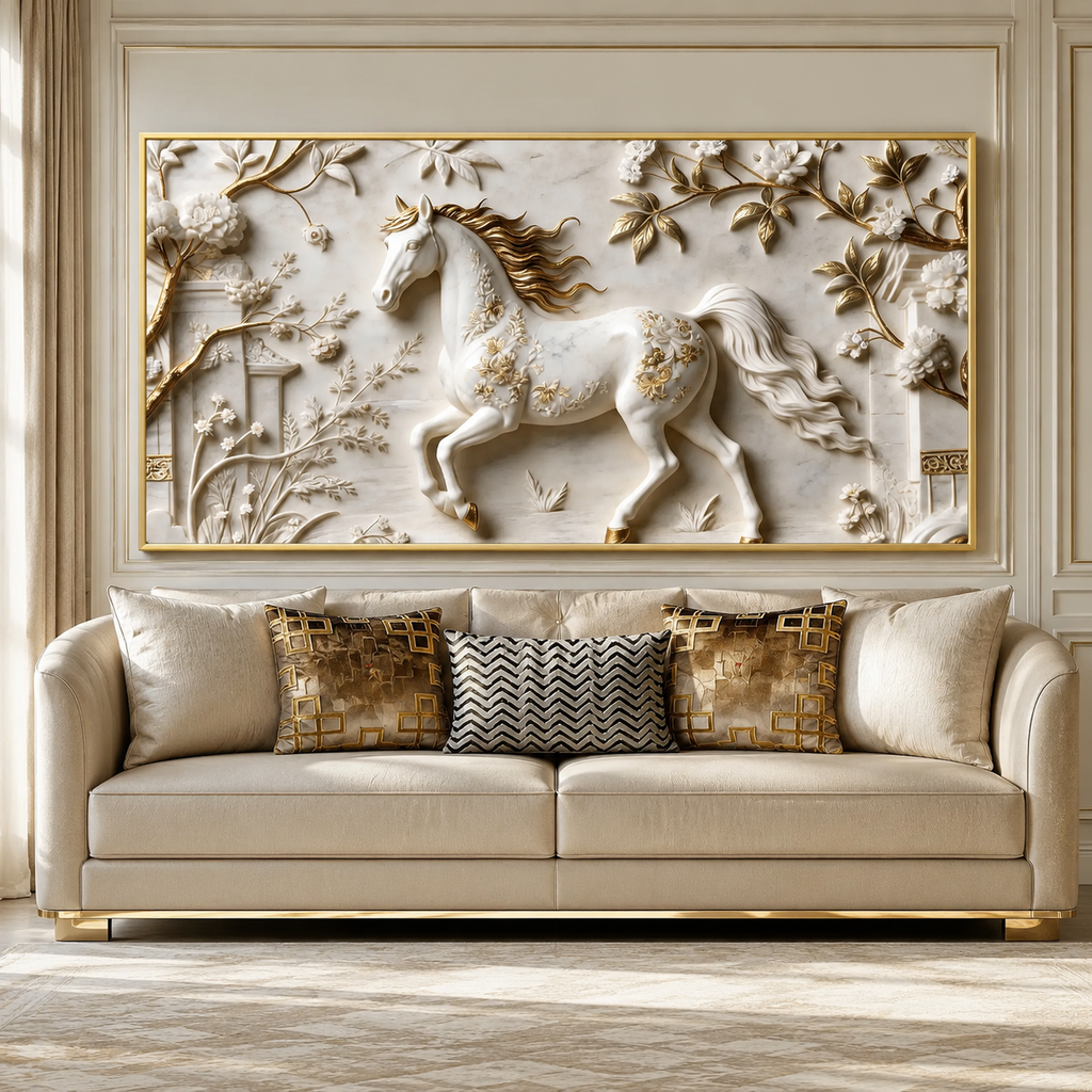 Elegant 3D Horse Wall Art with Golden Flowers for Living Room Decoration
